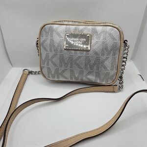 Michael Kors Silver Logo Crossbody Bag with Beige Trim